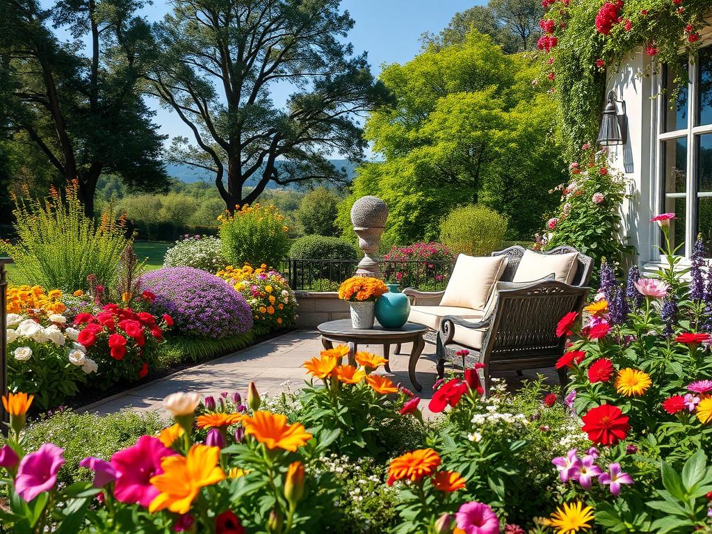 A beautifully landscaped garden featuring a variety of vibrant flowers and lush greenery. The focus should be on a tranquil seating area with elegant garden furniture surrounded by colorful plants. The background should include a serene view of trees and a clear blue sky, enhancing the peaceful ambiance of the garden. The composition should highlight the details of the flowers and the texture of the plants, with soft natural lighting to create a warm and inviting atmosphere.