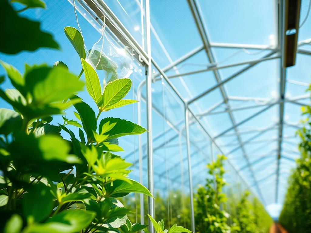 A hyper-realistic close-up image of a modern agricultural greenhouse. The greenhouse should be made of transparent glass and metal, showcasing lush green plants inside. The setting is bright and vibrant, with sunlight streaming through the glass, illuminating the plants. The background should be a clear blue sky, emphasizing the agricultural theme. The color palette should predominantly feature shades of green, with hints of white from the glass and blue from the sky, all while focusing on the intricate det