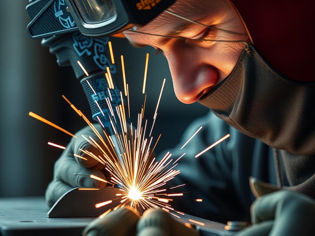 A close-up shot of a skilled welder in action, focusing on the intense sparks flying from the welding torch as they join two metal pieces. The background should be slightly blurred to emphasize the welder's focused expression and the intricate details of the welding process. The image should evoke a sense of craftsmanship and precision, with the welder wearing protective gear. The lighting should highlight the metallic surfaces and the vibrant colors of the sparks, creating a dynamic and engaging visual.