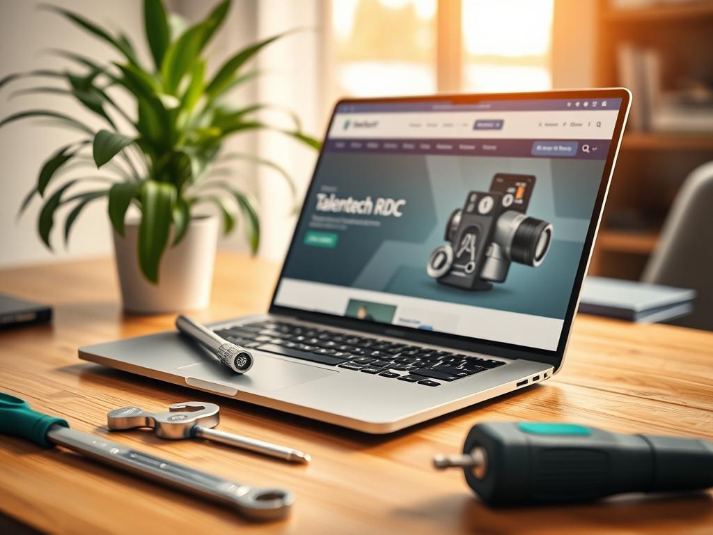 A hyper-realistic close-up shot of a modern, sleek laptop open on a wooden desk, displaying the Talentech RDC website interface. The laptop is surrounded by various tools like a wrench and a screwdriver, symbolizing technical services. In the background, softly blurred, a plant adds a touch of green, enhancing the professional atmosphere. The lighting is warm and inviting, emphasizing the colors blue, white, and emerald green that reflect the brand's identity.