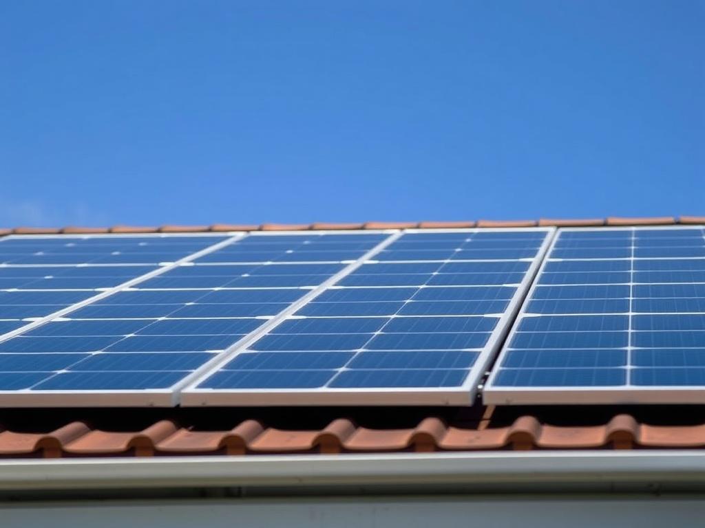 A close-up shot of a solar panel installation on a residential roof. The image should capture the solar panels reflecting sunlight, showcasing their sleek design. The background should be a clear blue sky, emphasizing the sunny environment. The composition should be simple and clean, focusing solely on the solar panels without any distractions.