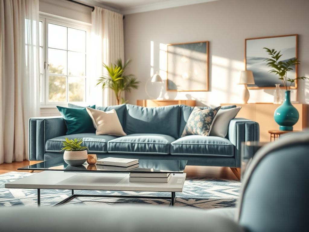 A close-up shot of a beautifully designed modern living room featuring a stylish sofa, a sleek coffee table, and decorative elements. The room should have a warm and inviting atmosphere, with natural light streaming through a window. The color palette should include shades of blue, white, and emerald green, highlighting the furniture's elegance. The focus should be on the sofa, showcasing its texture and design details, while the background remains soft and unobtrusive to emphasize the main subject.