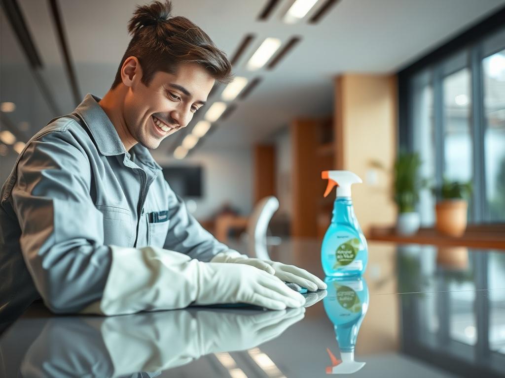A hyper-realistic close-up shot of a professional cleaner in action, showcasing them using eco-friendly cleaning products on a shiny surface. The background should be a well-lit and modern interior space, emphasizing cleanliness and professionalism. The cleaner should be dressed in a neat uniform, focused on their task, with a warm and friendly expression. The image should have a color palette that includes rgb(2, 86, 197) as the primary color.
