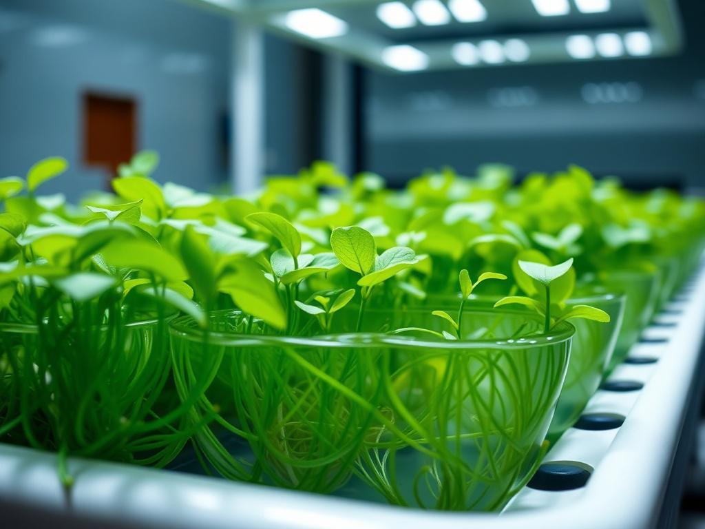 A close-up shot of a hydroponic system featuring vibrant green plants growing in a clean, modern setup. The image should focus on the intricate details of the roots submerged in nutrient-rich water, showcasing the healthy growth of the plants. The background should be softly blurred to emphasize the hydroponic setup, with a color palette that includes deep blue, white, and emerald green to align with the brand's colors.