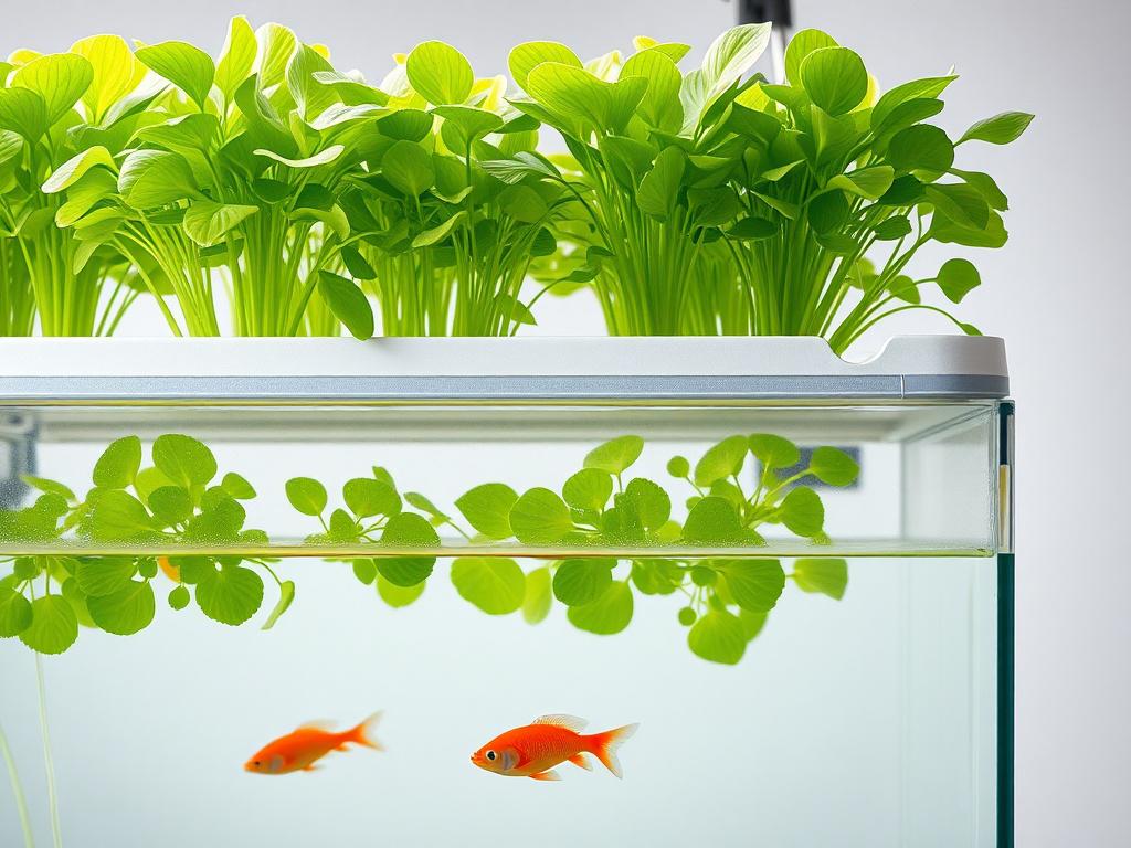 A close-up shot of an aquaponics system showcasing vibrant green plants growing above a fish tank. The plants should be lush and healthy, with clear water in the tank revealing colorful fish swimming. The background should be simple and uncluttered, emphasizing the beauty of the aquaponics setup. The image should be rendered in hyper-realistic style, with a focus on detail, using a 45mm f/1.2 lens for a shallow depth of field.
