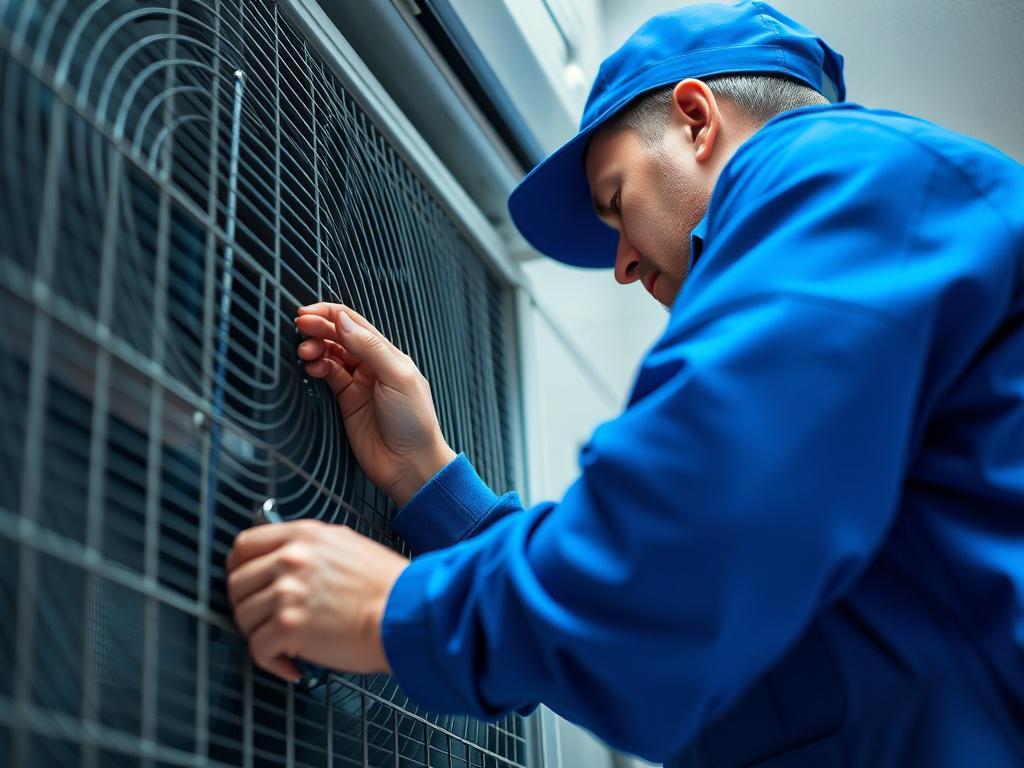 A hyper-realistic close-up shot of a professional technician working on an air conditioning unit. The technician is wearing a blue uniform and using tools for maintenance. The background is slightly blurred, showcasing a clean and modern environment. The lighting is bright and highlights the details of the technician's work and the equipment. The overall color scheme is compatible with rgb(2, 86, 197), incorporating shades of blue.