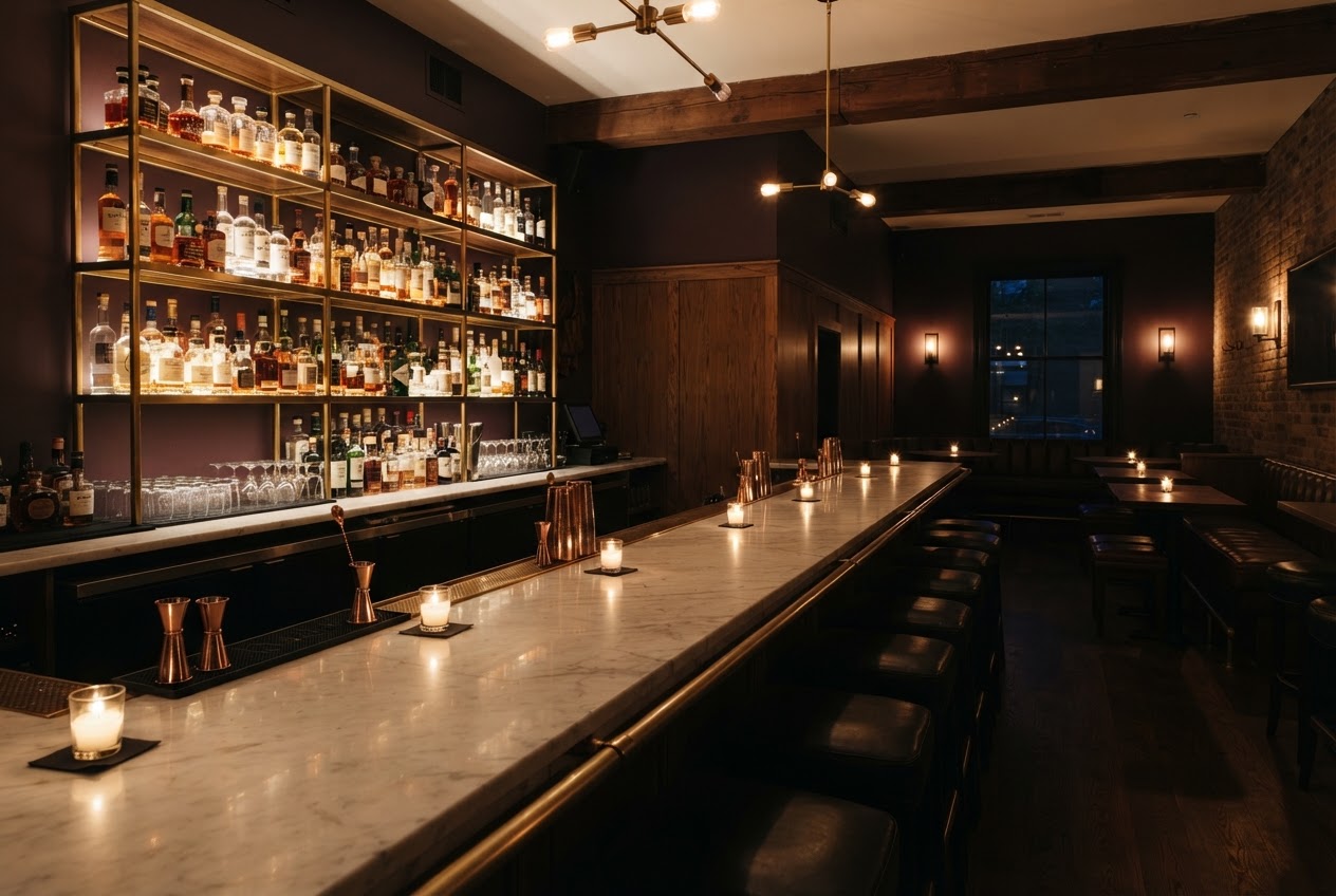 The Marlow's candlelit interior, with a marble bar and brass shelves.