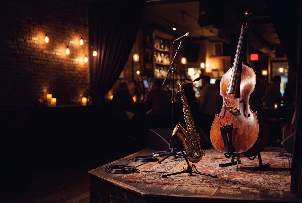 A saxophone and upright bass in warm candlelight on a small bar stage.
