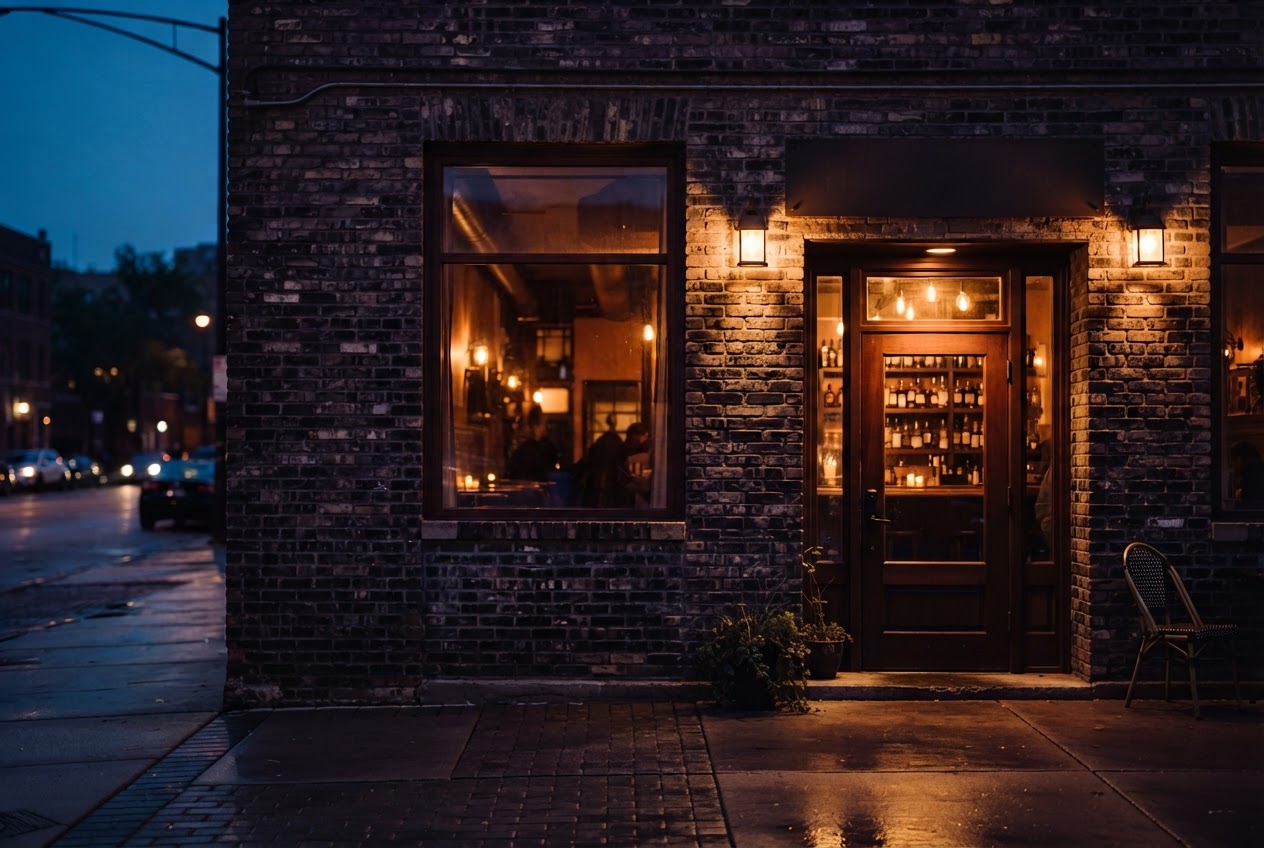 A brick neighborhood bar entrance glowing warmly at dusk.