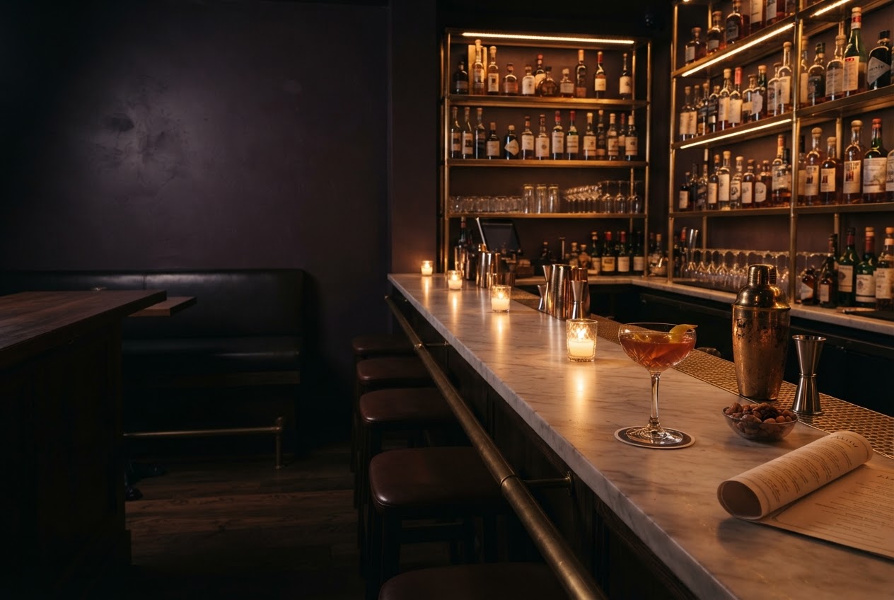 An intimate candlelit cocktail bar with a marble counter and brass shelves, no people visible.