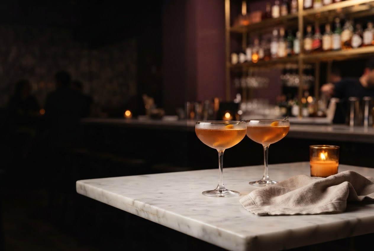 A candlelit two-person table with chilled coupes and linen napkins on marble.