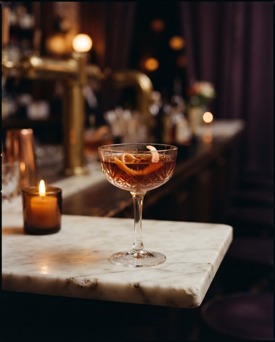 A candlelit amber cocktail with a grapefruit twist on marble