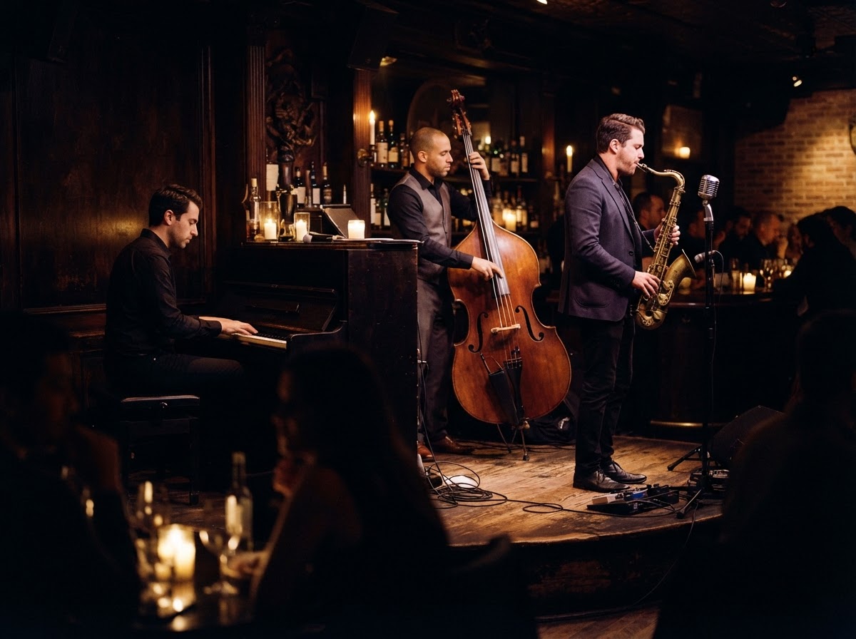A jazz trio playing in a candlelit neighborhood bar