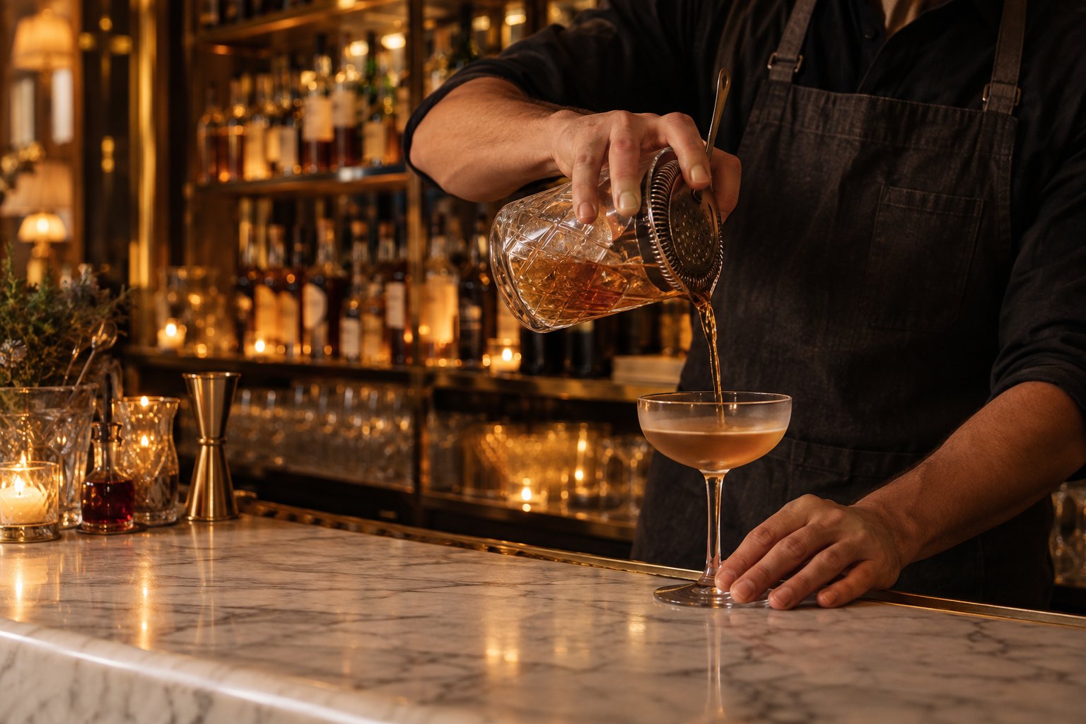 A bartender pouring a stirred amber cocktail into a coupe on a marble bar, candlelight and brass shelves behind.