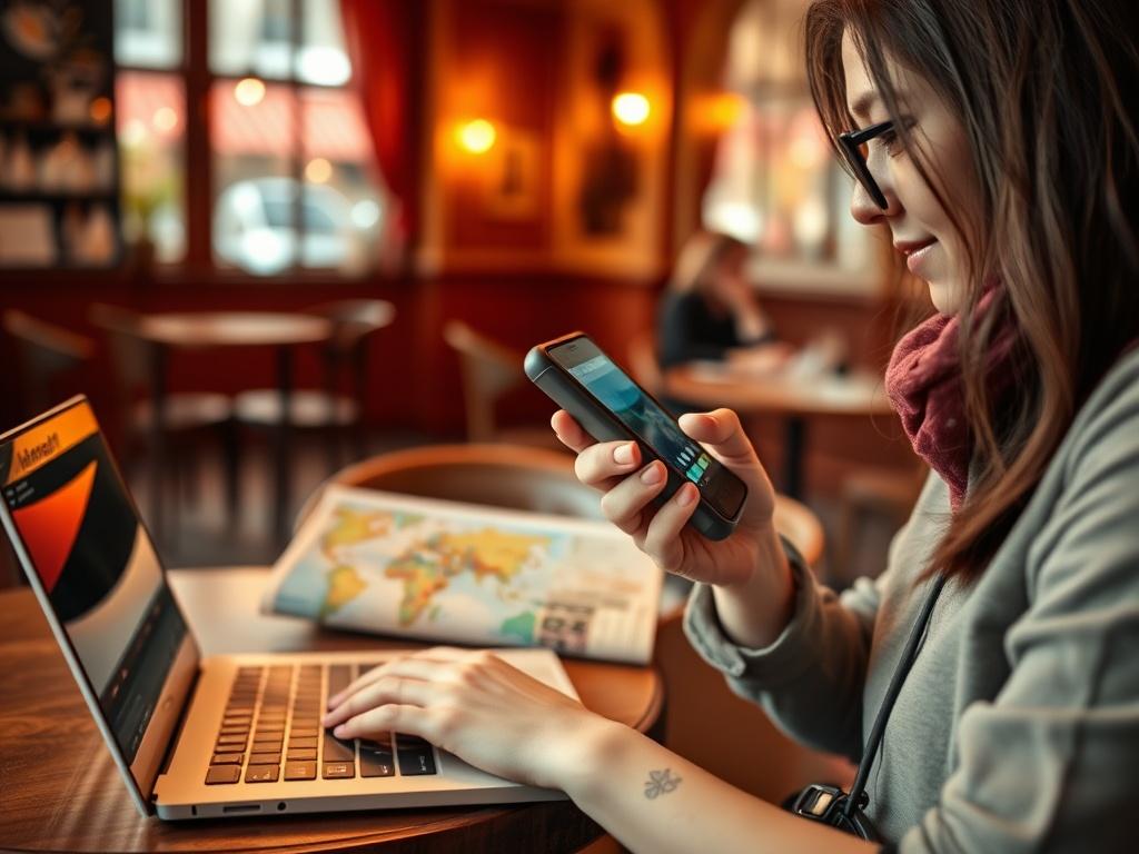 A close-up shot of a traveler using a smartphone to connect with a travel support agent, sitting in a cozy café with travel guides and a laptop open in front of them. The scene should radiate comfort and ease, with a warm and inviting atmosphere that harmonizes with the rgb(172, 137, 87) color.