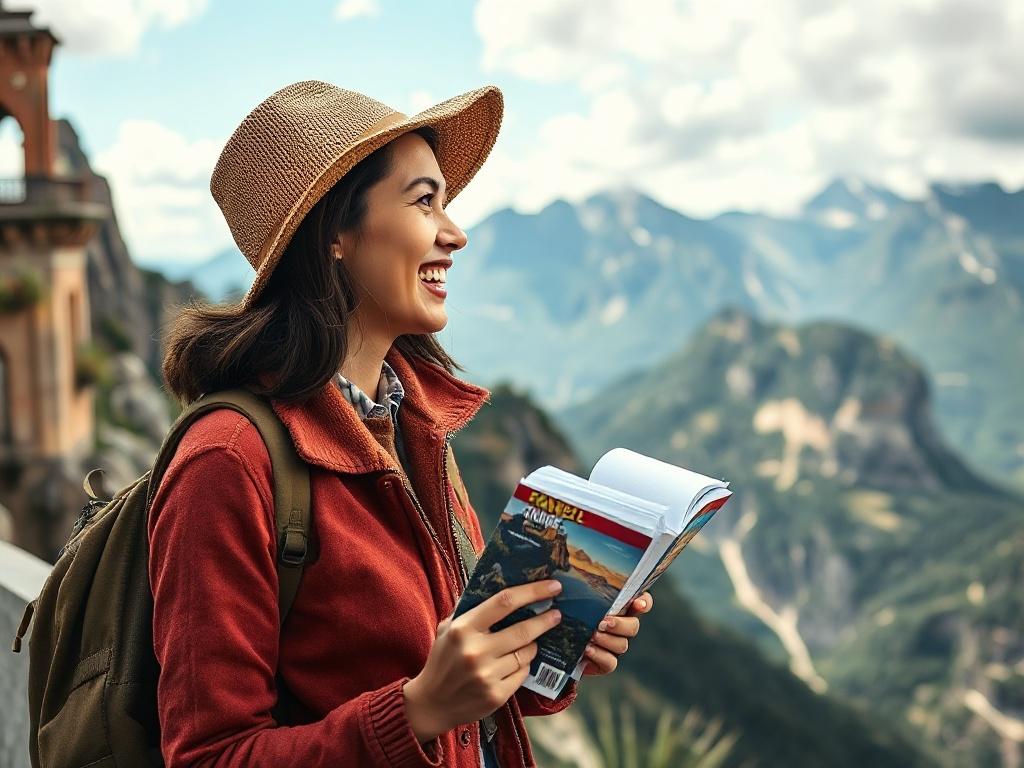 A close-up shot of a joyful traveler gazing at a breathtaking view from a scenic viewpoint, with a travel guidebook in hand. The landscape should showcase stunning mountains and valleys, evoking a sense of wonder and exploration. The colors should be vibrant, complementing the rgb(172, 137, 87) palette.