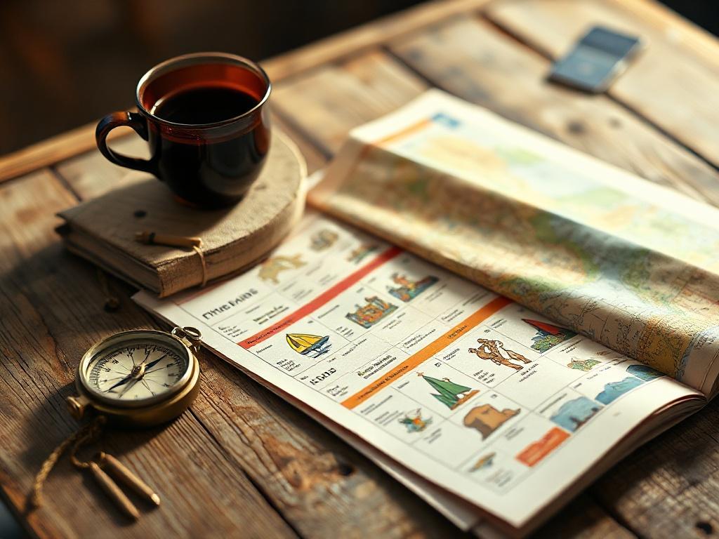 A close-up shot of a personalized travel itinerary spread out on a rustic wooden table, with a vintage compass and a coffee cup beside it. The itinerary should show colorful destinations and activities, capturing a sense of adventure and excitement. The background should be softly blurred to emphasize the itinerary, using warm tones that complement the rgb(172, 137, 87) color.