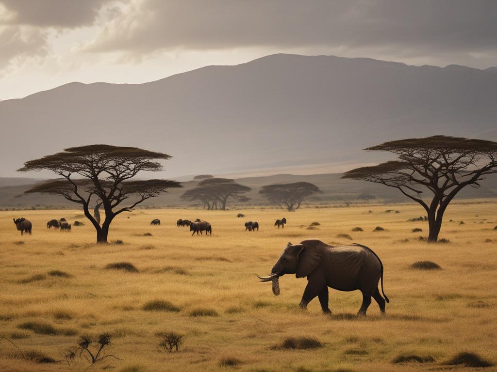**AI Image Generation Prompt:**

Create a realistic high-resolution photo that captures the essence of a serene Ngorongoro Crater safari. The focal point of the image should be a single, majestic African elephant standing gracefully at the edge of a vibrant green expanse. The elephant should be mid-stride, exuding a sense of peace and strength. 

In the background, showcase the crater's iconic layered landscape, highlighting its gentle slopes under a bright blue sky filled with fluffy white clouds. The imag