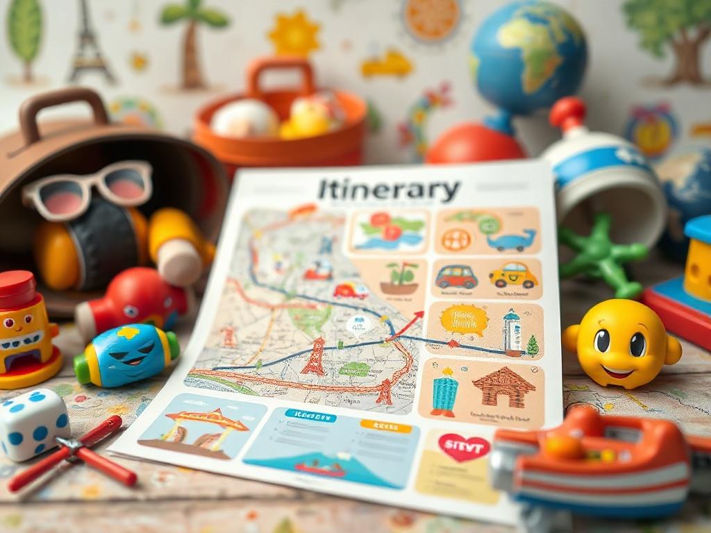 A vibrant close-up shot of a family itinerary with fun illustrations and icons representing various activities, set against a playful background that includes children's toys and travel essentials. The image should radiate joy and excitement, appealing to families planning their next adventure together.