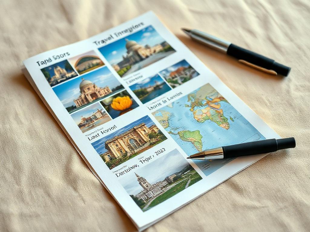 A close-up shot of a beautifully crafted travel itinerary with vibrant images of destinations and a pen resting beside it, set against a soft, neutral background to accentuate the colors. The composition should evoke a sense of adventure and excitement for travel, with warm lighting to create an inviting atmosphere.