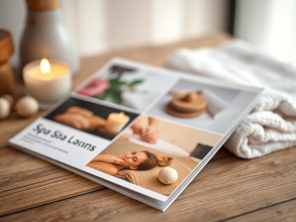 A serene close-up shot of a spa brochure featuring calming images and luxurious elements, such as candles and soft towels, placed on a wooden surface. The background should be subtly blurred to keep the focus on the brochure, creating a tranquil and inviting vibe for relaxation.