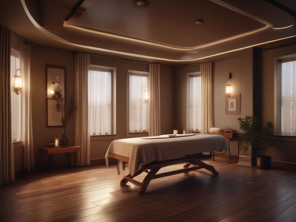 A serene setting in a dimly lit massage room, featuring