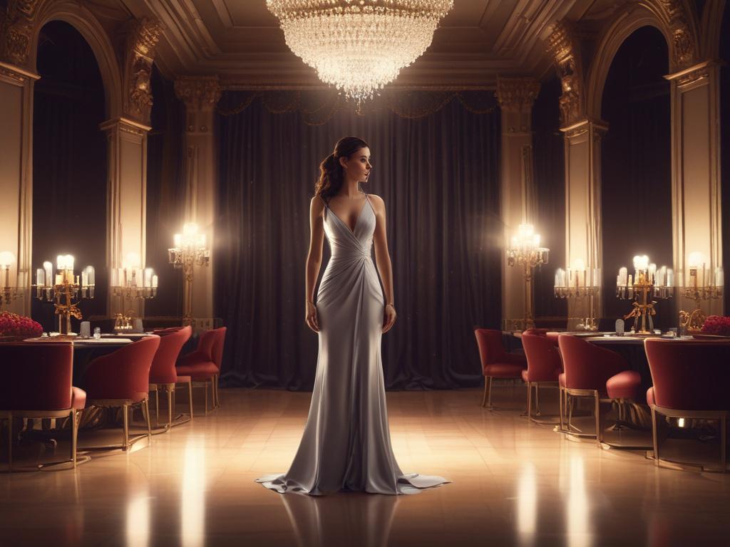 An elegant woman dressed in a chic evening gown, standing