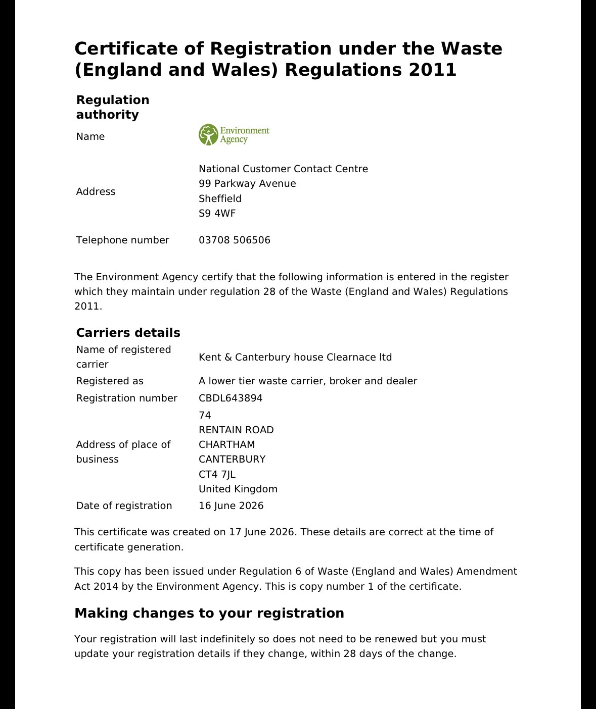 Certificate of Registration under the Waste (England and Wales) Regulations 2011 - CBDL643894