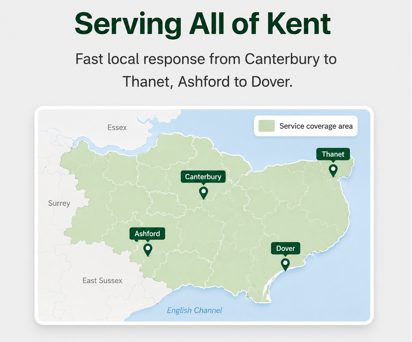 Kent service area map showing coverage including Canterbury, Thanet, Dover