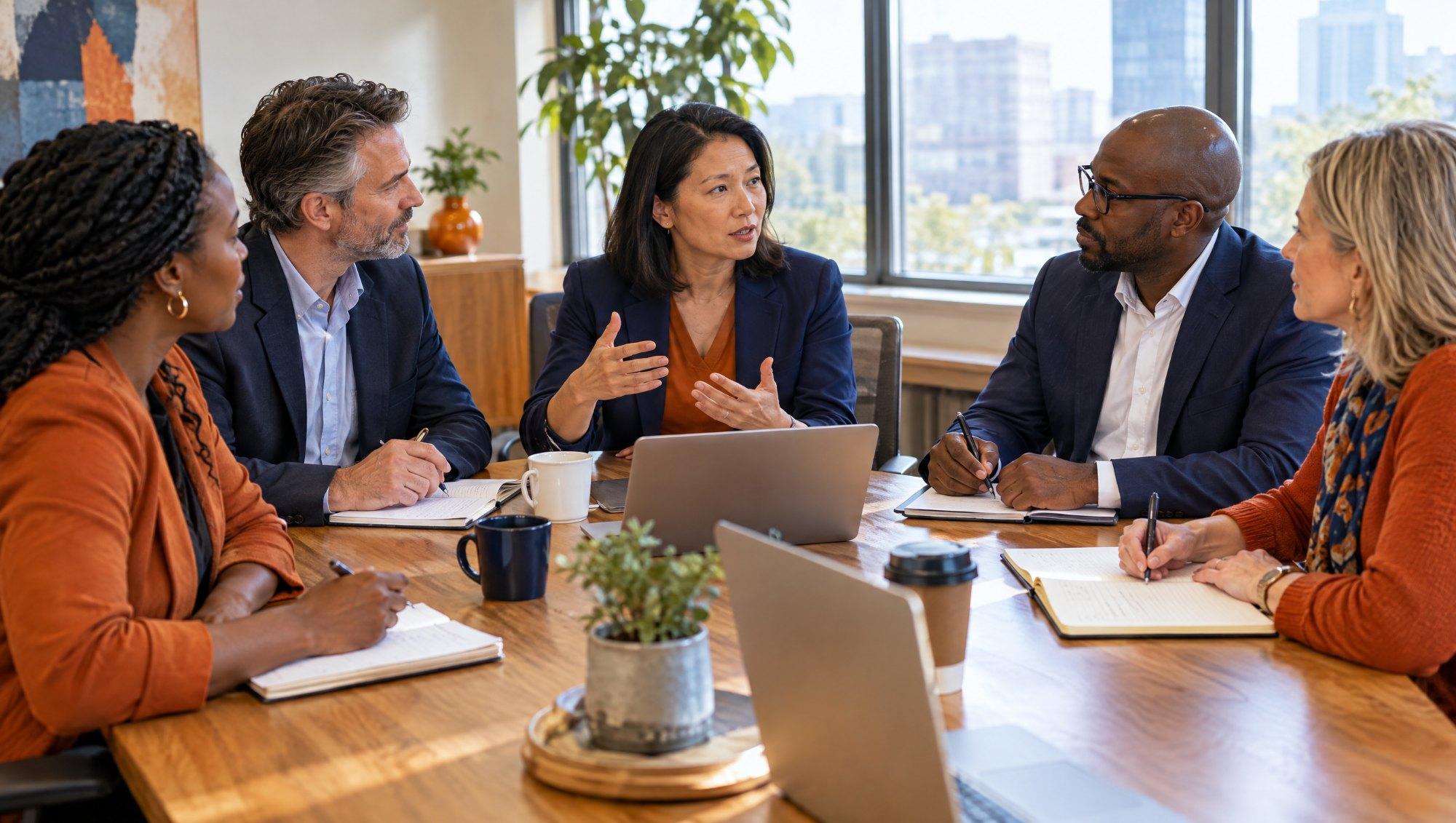 Executive team discussing strategy in a conference room