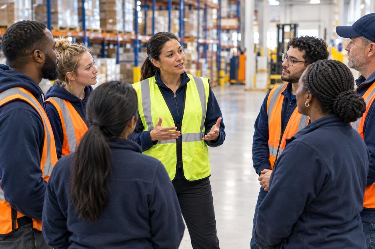 Frontline supervisor leading a team huddle
