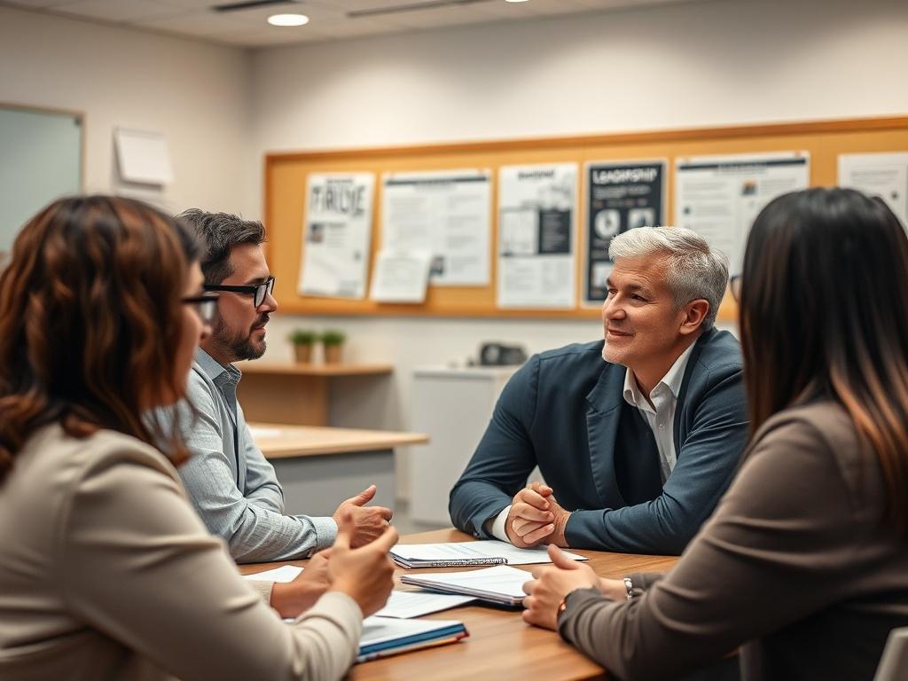 A close-up shot of an interactive leadership workshop, with a facilitator engaging participants in discussion. The setting should be a bright, inviting training room with materials on leadership displayed. Shot with a 45mm f/1.2 lens to capture the dynamic interactions.