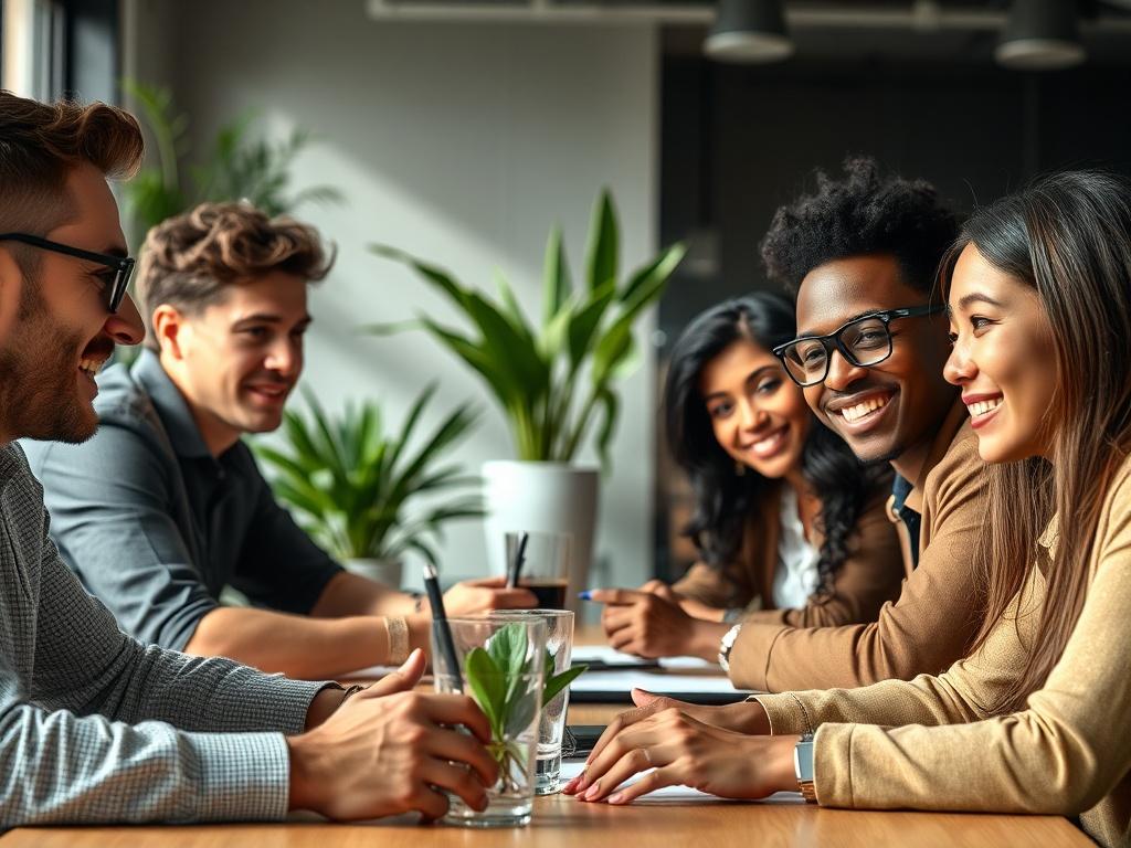 A close-up shot of a diverse group of professionals in a meeting, actively engaging and collaborating around a table. The image captures expressions of focus and enthusiasm, with a modern office background featuring plants and natural light. Shot with a 45mm f/1.2 lens, emphasizing the faces and interactions.