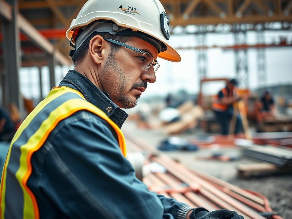 A close-up shot of a construction worker in safety gear, focused and engaged in work on a construction site. The background shows construction equipment and materials, creating a realistic and professional atmosphere. The image should be bright and inviting, showcasing the worker's dedication and the dynamic environment. Use a 45mm f/1.2 lens style to emphasize the subject.