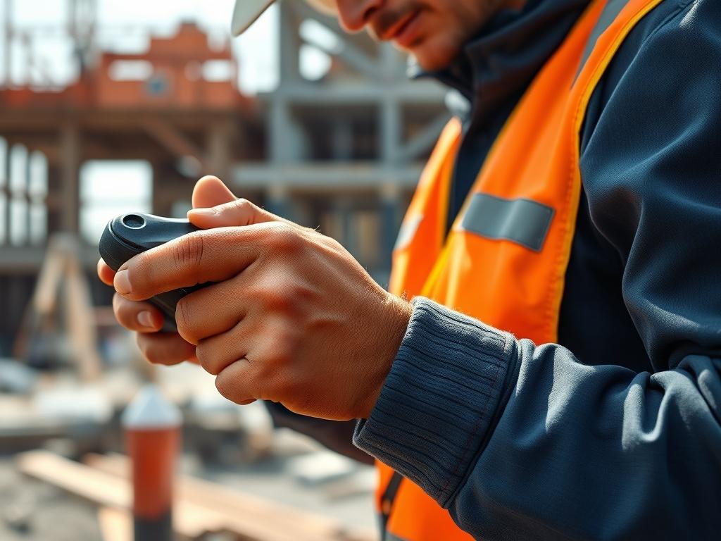 A close-up shot of a construction worker in safety gear, focusing on their hands as they handle tools on a construction site. The background shows a blurred construction site with building materials and equipment. The lighting is bright and natural, highlighting the worker's focused expression. The composition should feel dynamic yet clear, emphasizing the worker's dedication and professionalism.