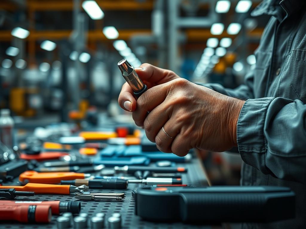 A close-up shot of a technician preparing tools and materials for an assembly project on-site. The focus is on the technician's hands arranging tools with a busy assembly area in the background. The image should reflect the precision and attention to detail required in assembly work, captured in a hyper-realistic style, shot with a 45mm f/1.2 lens, with the primary color rgb(50, 170, 39).