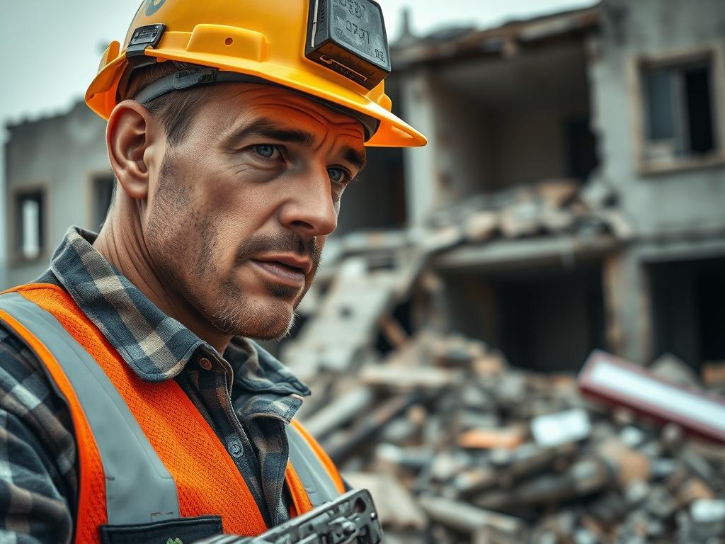 A close-up shot of a construction worker in a hard hat and safety gear, actively engaging in demolition work. The background shows a partially demolished building with debris around. The focus is on the worker's focused expression and the tools in hand, capturing the essence of teamwork and safety in construction. The image should have a hyper-realistic quality, shot with a 45mm f/1.2 lens style, and the primary color should be rgb(50, 170, 39).