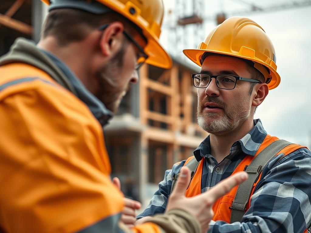 A close-up shot of a construction site supervisor giving instructions to a worker, with a construction site in the background. The focus is on the supervisor, who is engaging and professional, creating a sense of guidance and teamwork.