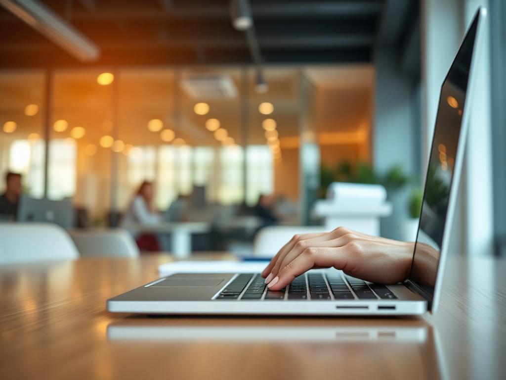 A close-up shot of a person typing on a laptop, focused on the hands, with a clear background of a modern office environment. The lighting is natural and warm, emphasizing the professionalism of the workspace.