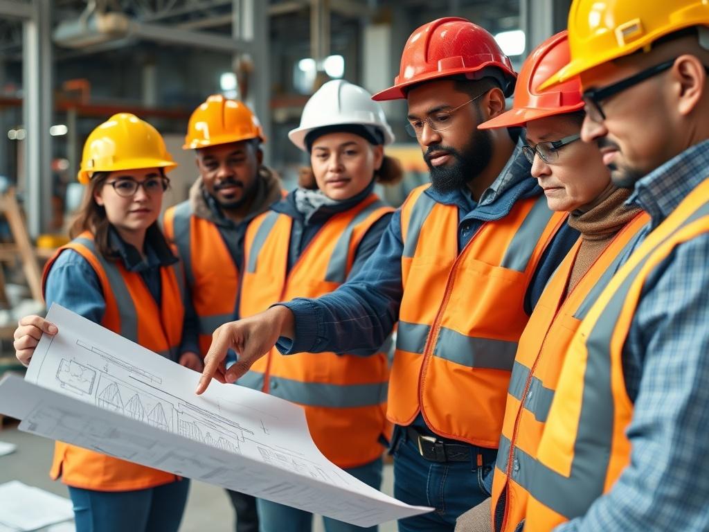 A close-up shot of a diverse group of workers in safety gear discussing plans at a construction site, with a focus on one individual pointing at blueprints. The background is busy but organized, showcasing teamwork and collaboration.