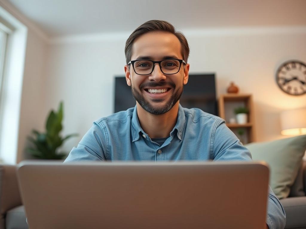 A close-up shot of a person on a video call, with a friendly expression, sitting in a well-lit living room, with a laptop in front. The background is simple and tidy, conveying a professional yet comfortable atmosphere.