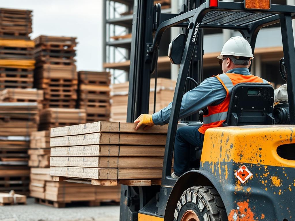 A close-up shot of a construction worker transporting materials on a construction site. The worker is using a forklift, with stacks of building materials in the background. The image should capture the dynamic movement and teamwork involved in construction, emphasizing safety and efficiency. The quality should be hyper-realistic, shot with a 45mm f/1.2 lens style, featuring the primary color rgb(50, 170, 39).
