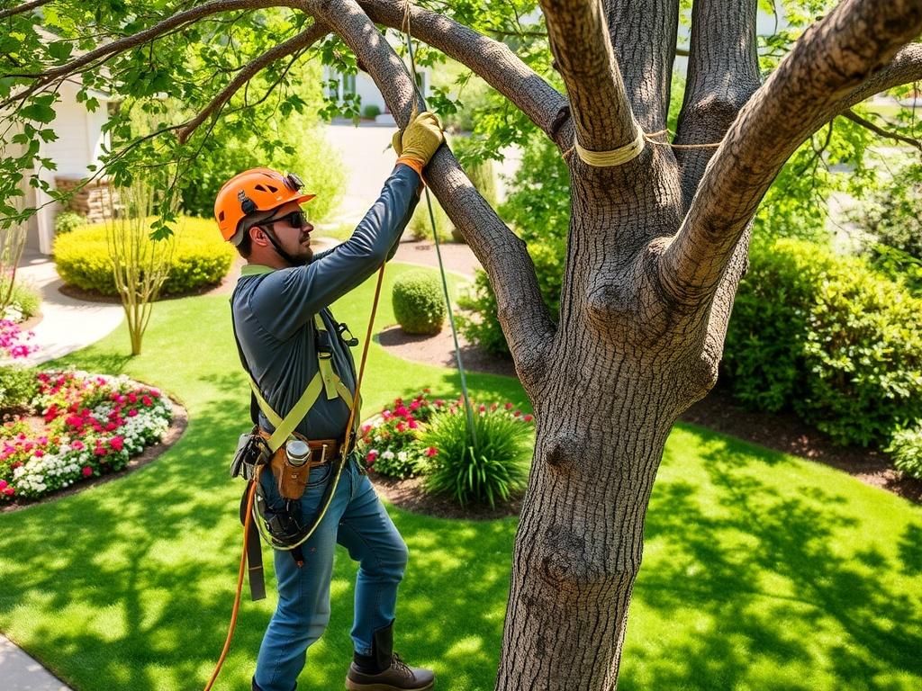 A skilled arborist in safety gear, carefully pruning a large tree branch using rope-based techniques. The background features a well-maintained yard with vibrant flower beds and freshly mowed grass, showcasing a clean and green aesthetic. The scene is bright and natural, highlighting the professional tree care services provided by CELT Tree & Grounds.