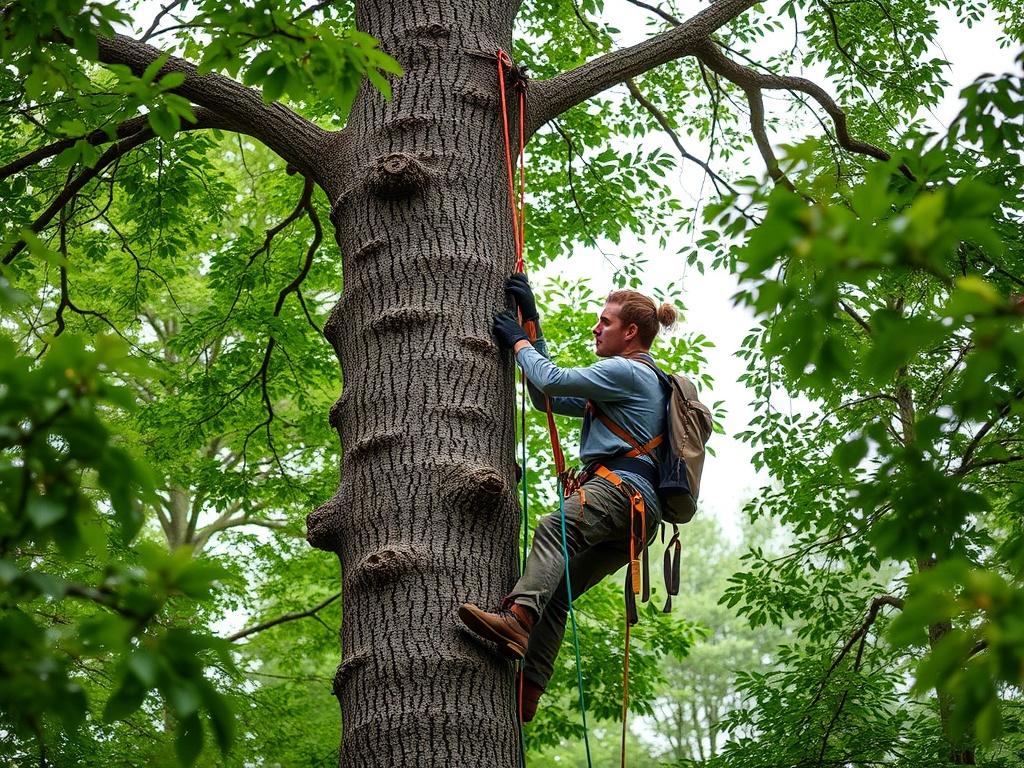 An arborist skillfully pruning a tall tree using ropes and harnesses, surrounded by lush greenery. The scene emphasizes focus and care in maintaining tree health.