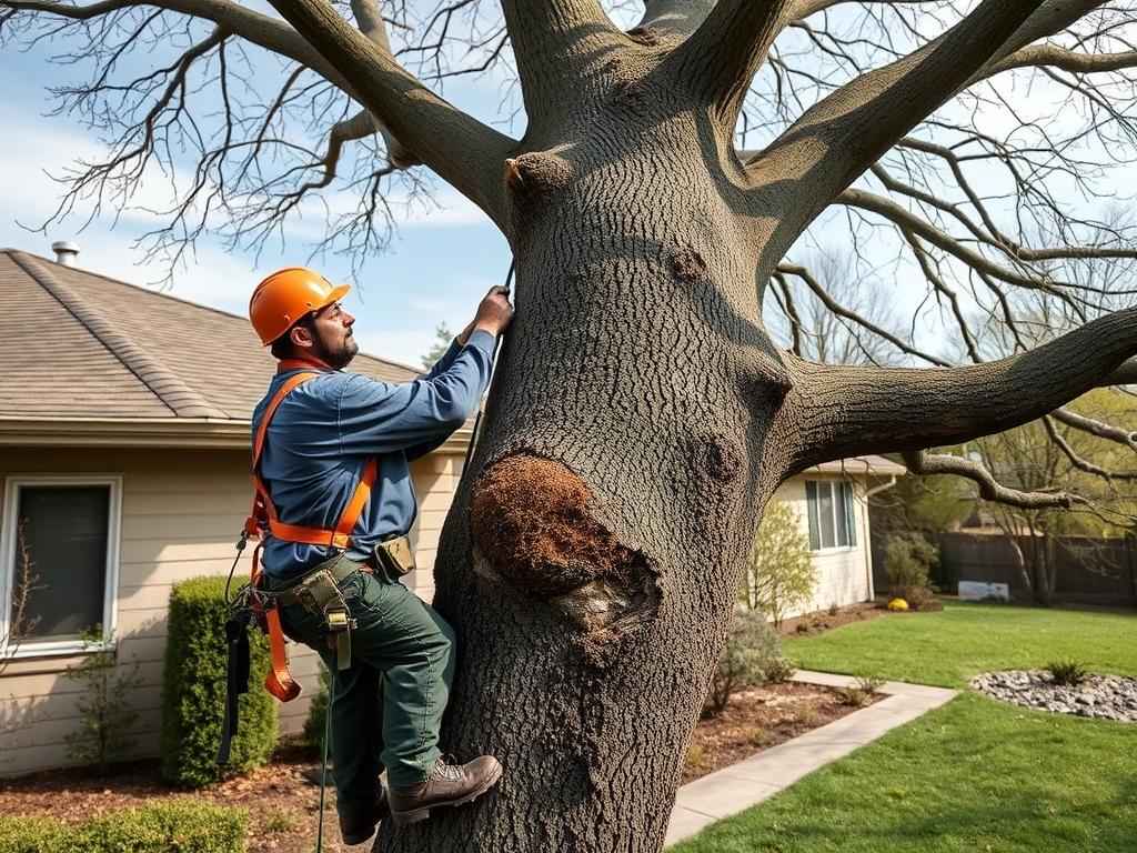 A skilled arborist in safety gear carefully removing a large, hazardous tree from a residential property. The background shows a clear sky and a well-maintained yard, showcasing a safe working environment.