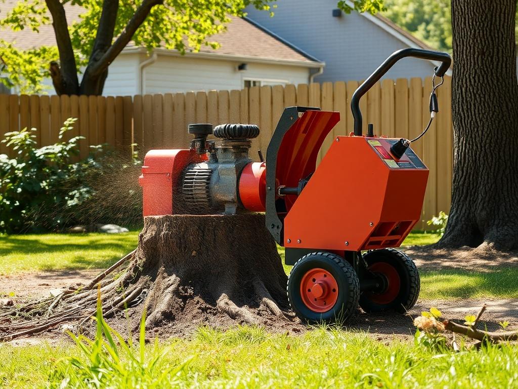 A powerful stump grinder in action, efficiently grinding a tree stump in a sunny backyard. The surrounding area is clean and well-maintained, highlighting the effectiveness of the service.