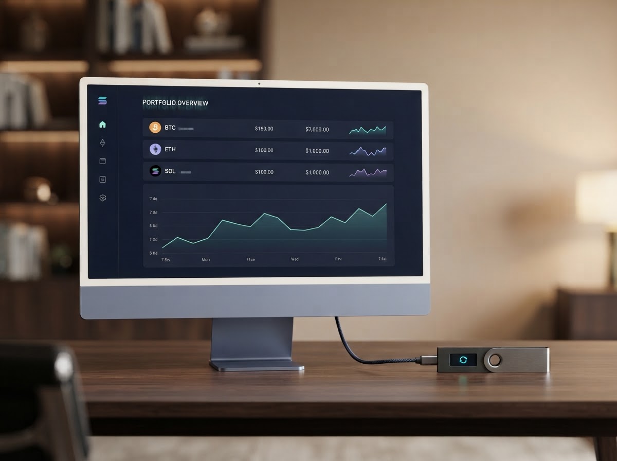 A desktop wallet dashboard beside a connected hardware wallet