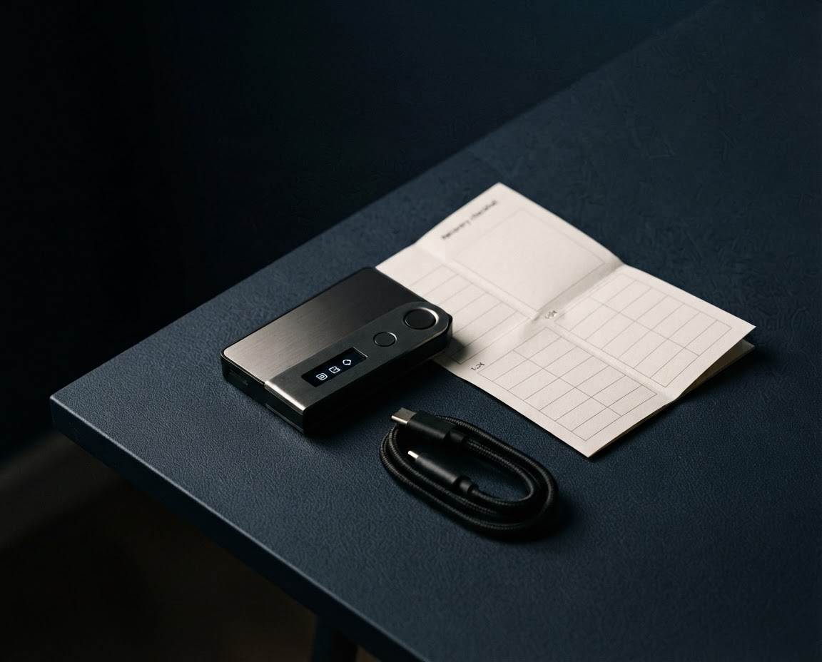 An unbranded hardware wallet beside a paper recovery checklist