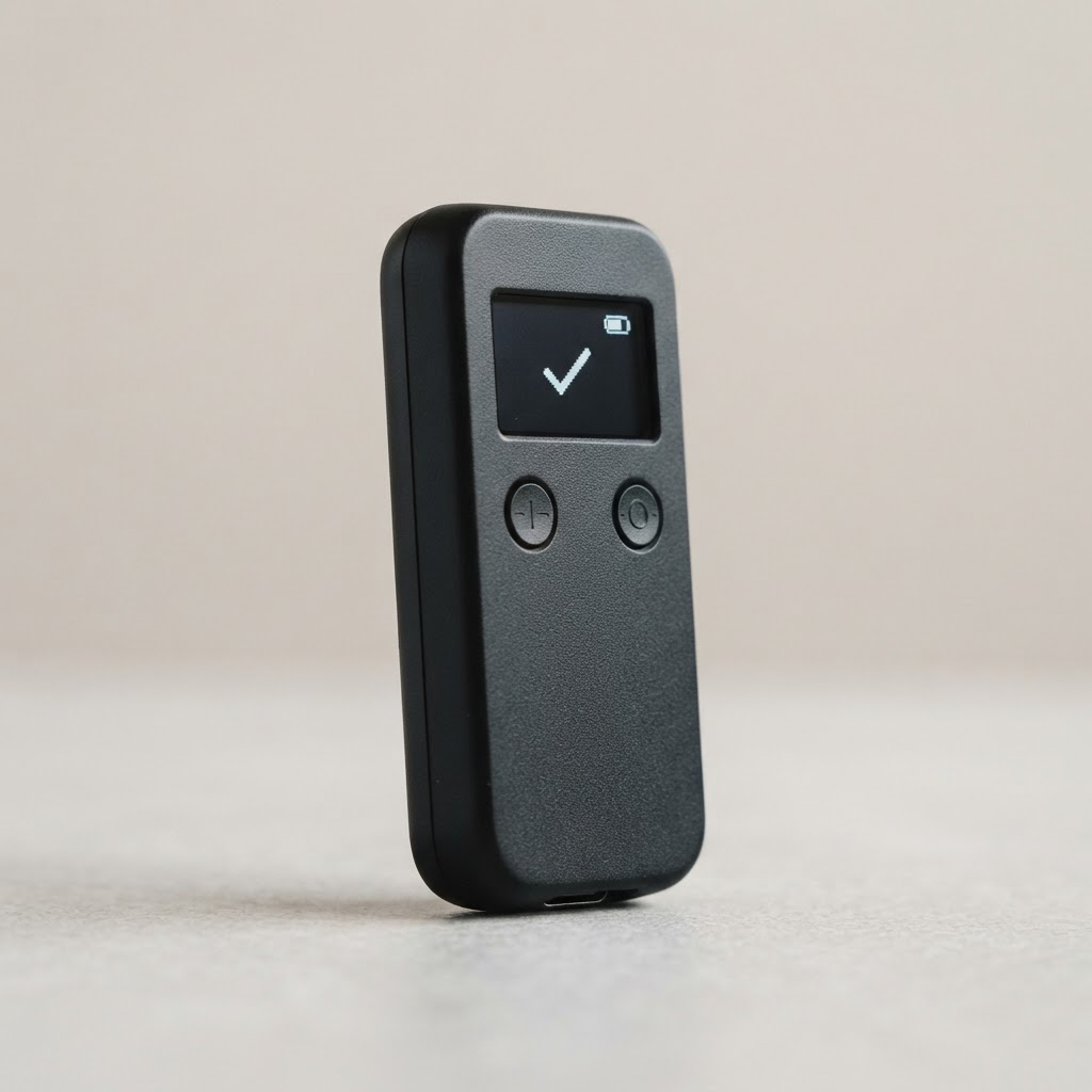 A compact black hardware wallet device, shown at an angle