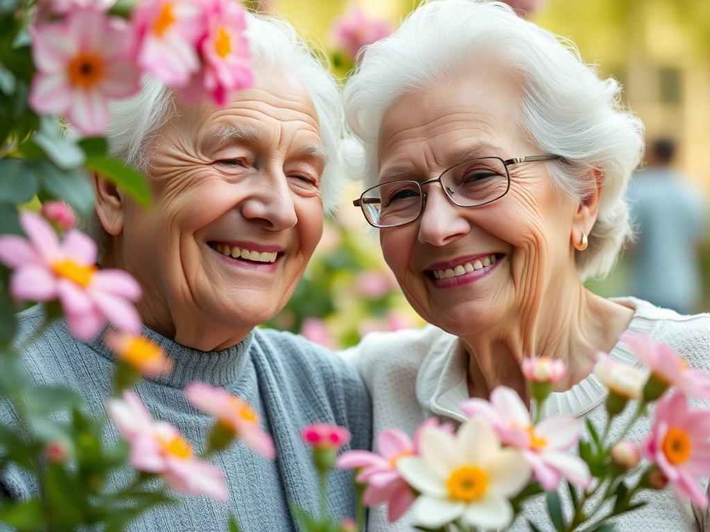 A close-up of an elderly couple smiling together in their garden, surrounded by blooming flowers, symbolizing the beauty of lasting love and security. The background should have a soft focus to emphasize their happiness and legacy.